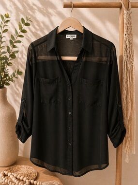Express Black Sheer Button-Down Shirt